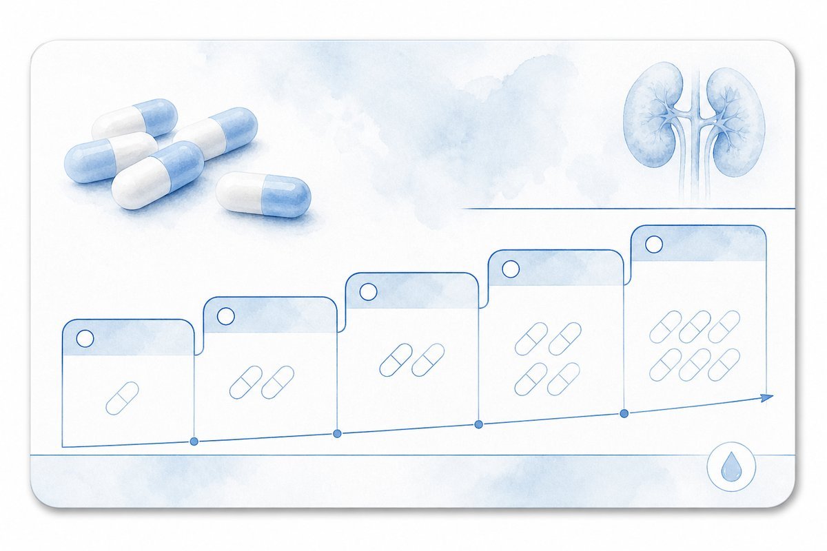 Gabapentin capsules on renal-step dosing card, paper-white surface
