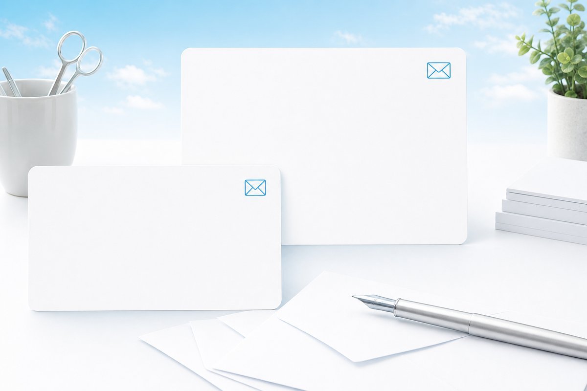 Soft blue sky-gradient band over a white desk with thin blue reference icons
