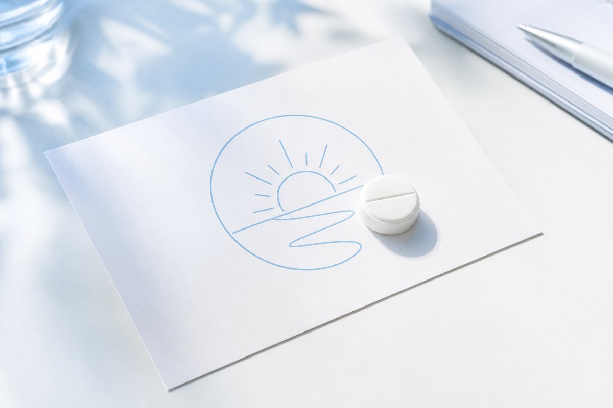 White modafinil tablet on wake-promotion letter card, clinical soft light