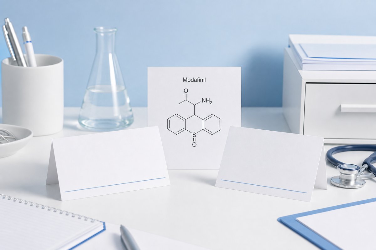 Two blank brand cards pointing to one modafinil molecule