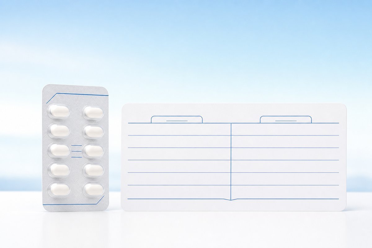 Modalert blister beside Provigil-name comparison card on white desk
