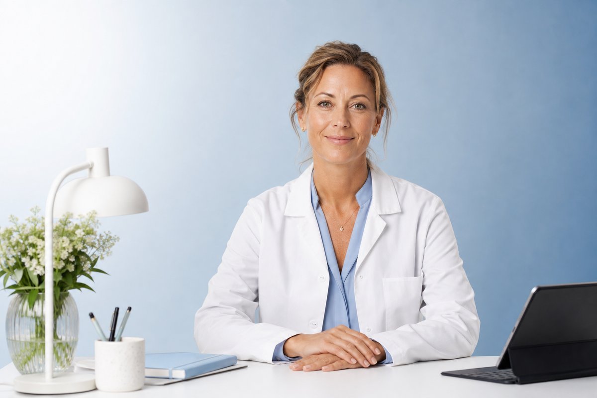 Portrait vignette of Dr. Nora Lindqvist on paper-white with a sky band