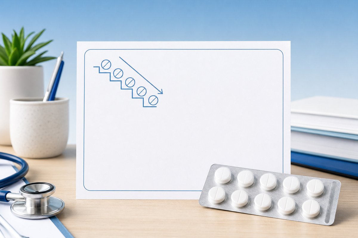 Descending dose stairs icon with prednisolone tablets
