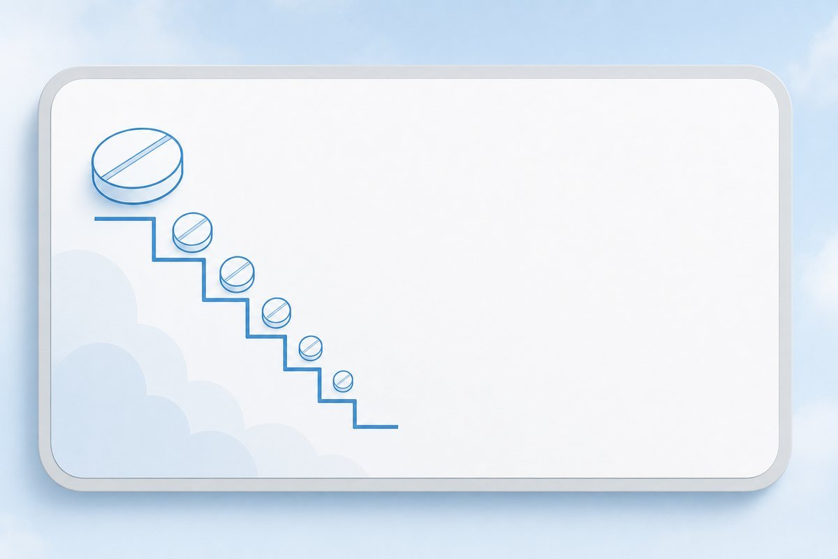 Prednisolone tablets on taper-schedule letter with cloud-gray panel