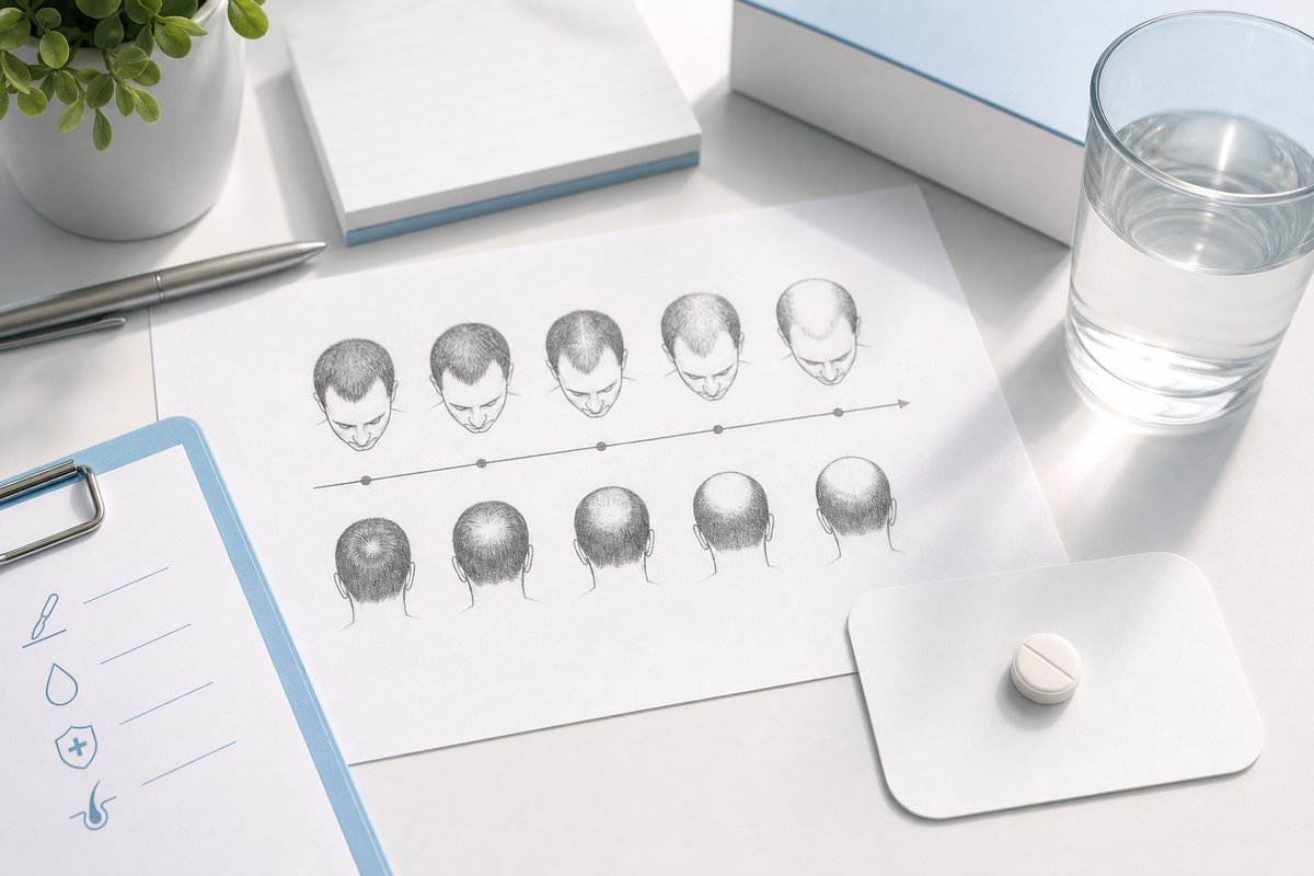 Hair timeline sketch beside Propecia tablet on white card