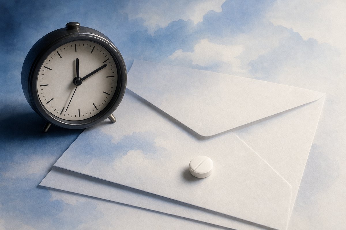 Night-shift clock and modafinil tablet on wake letter