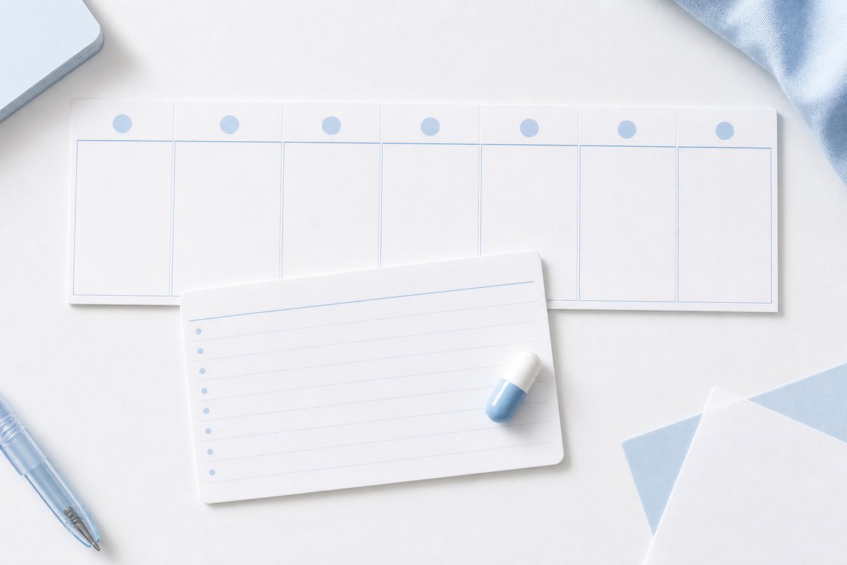 Calendar week strip with fluoxetine capsule on activation note