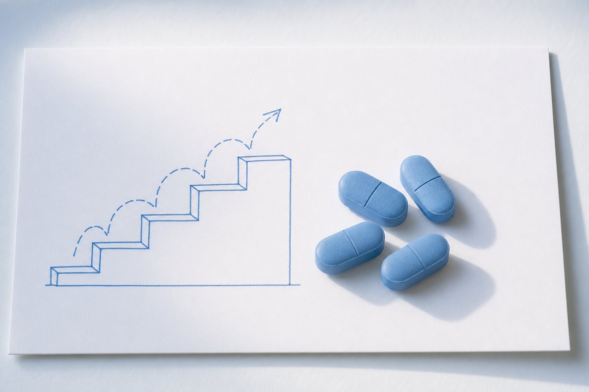 Stepped dose ladder sketch next to blue tablets