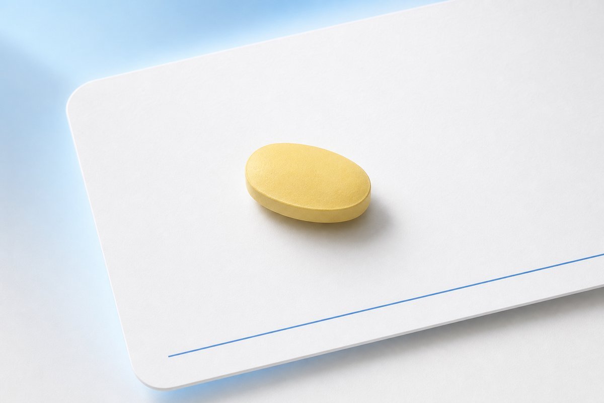 Pale yellow tadalafil tablet on white letter card under soft sky light